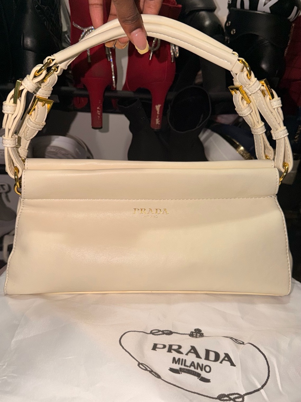 Prada Cream Leather Shoulder Bag with Gold Hardware